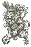 old English lion wearing a crown with a soccer ball tattoo design idea