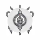 Shiva's trident, cobra wrapped around it, with an om symbol behind it, and include the drum tattoo design idea