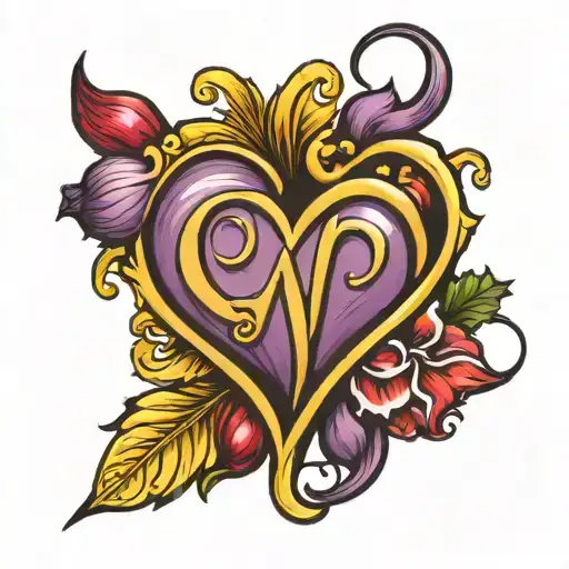 Yellow heart and Red onion tattoe which contain four capital alphabets A,Z,Y & M tattoo design idea