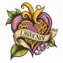 Yellow heart and Red onion tattoe which contain four capital alphabets A,Z,Y & M tattoo design idea