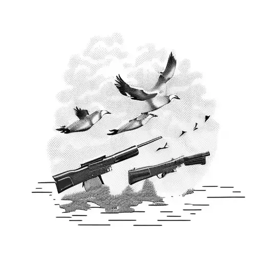 A hunting scene with ducks flying in the sky and a shotgun resting against a tree tattoo design idea