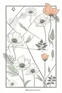 geometric shapes, abstract marbling, poppies, dogwood flowers, fern fronds and triangles  tattoo design idea