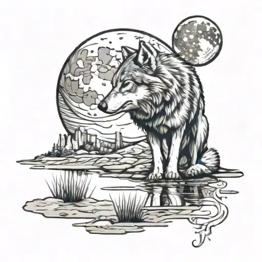 A wolf howling at the moon reflected in a pond, with engineering blueprints in the background tattoo design idea