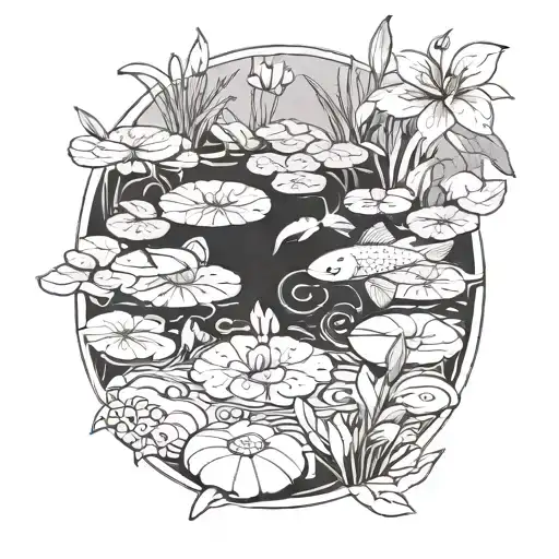 A serene pond scene with lily pads and koi fish tattoo design idea