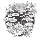A serene pond scene with lily pads and koi fish tattoo design idea