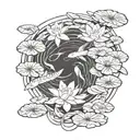 A serene pond scene with lily pads and koi fish tattoo design idea
