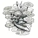 A serene pond scene with lily pads and koi fish tattoo design idea