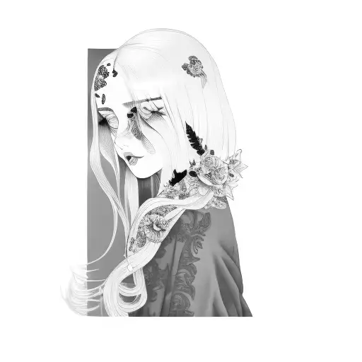 a beautiful girl with long hair in Victorian style and pale eyes as if she were like a ghost  tattoo design idea