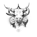 A bull charging forward with boxing gloves on its horns tattoo design idea