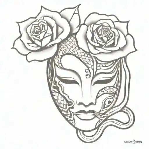 Japanese mask with a snake and a burning rose on it tattoo design idea