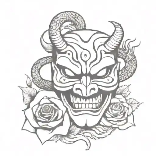 Japanese devil mask with a snake and a burning rose tattoo design idea