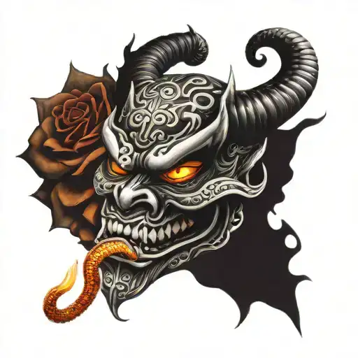 Japanese devil mask with a snake and a burning rose in its mouth tattoo design idea
