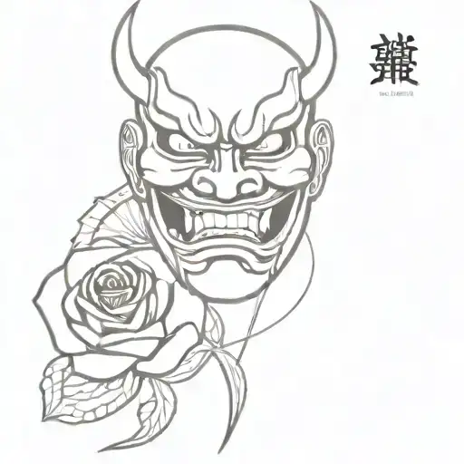Japanese devil mask with a snake and a burning rose in its mouth tattoo design idea