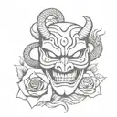 Japanese devil mask with a snake and a burning rose tattoo design idea