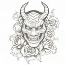 Japanese devil mask with a snake and a burning rose tattoo design idea