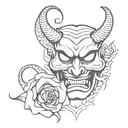 Japanese devil mask with a snake and a burning rose tattoo design idea