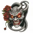 Japanese devil mask with a snake and a burning rose in its mouth tattoo design idea