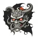 Japanese devil mask with a snake and a burning rose in its mouth tattoo design idea