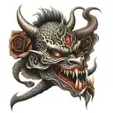 Japanese devil mask with a snake and a burning rose in its mouth tattoo design idea