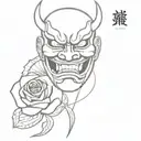 Japanese devil mask with a snake and a burning rose in its mouth tattoo design idea