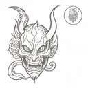 Japanese devil mask with a snake and a burning rose in its mouth tattoo design idea