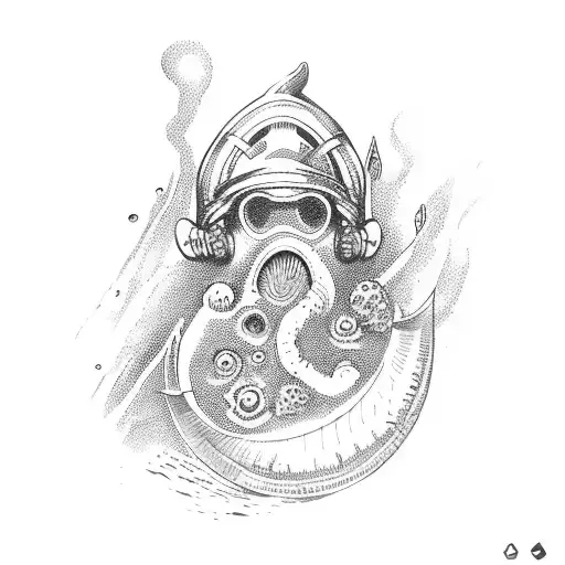 Scientist exploring the depths of the ocean with a viking ship tattoo design idea