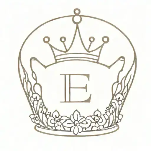 a crown, no much shading, incoperate the letter E. and flowering coming from inside the crown, simple flowers  tattoo design idea