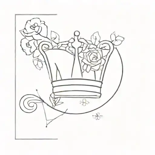 a crown, no much shading, incoperate the letter E. and flowering coming from inside the crown, simple flowers  tattoo design idea