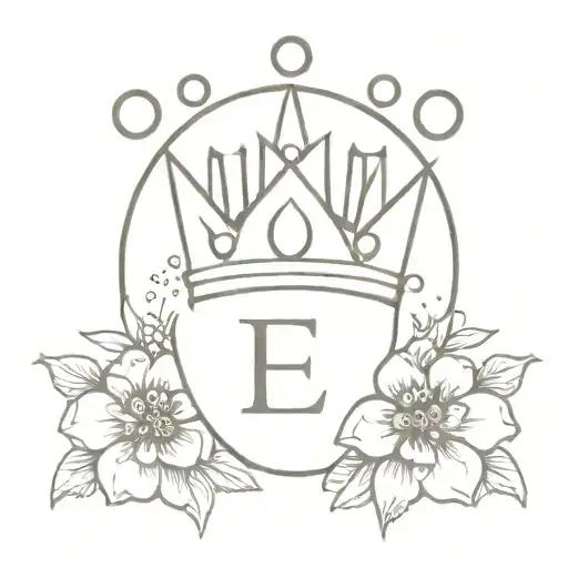a crown, no much shading, incoperate the letter E. and flowering coming from inside the crown, simple flowers  tattoo design idea