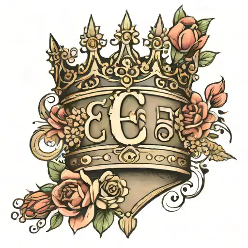 a crown, no much shading, incoperate the letter E. and flowering coming from inside the crown, simple flowers  tattoo design idea