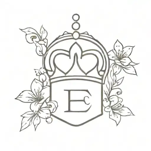 a crown, no much shading, incoperate the letter E. and flowering coming from inside the crown, simple flowers  tattoo design idea