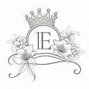 a crown, no much shading, incoperate the letter E. and flowering coming from inside the crown, simple flowers  tattoo design idea