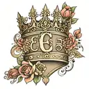 a crown, no much shading, incoperate the letter E. and flowering coming from inside the crown, simple flowers  tattoo design idea
