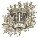 a crown, no much shading, incoperate the letter E. and flowering coming from inside the crown, simple flowers  tattoo design idea