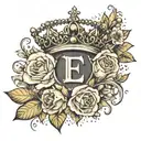 a crown, no much shading, incoperate the letter E. and flowering coming from inside the crown, simple flowers  tattoo design idea