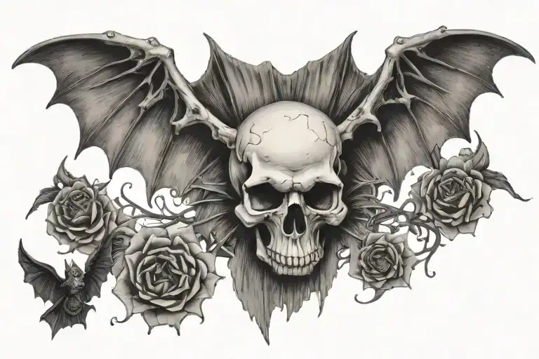 Skull with bat wings spread wide open wings tattoo design idea