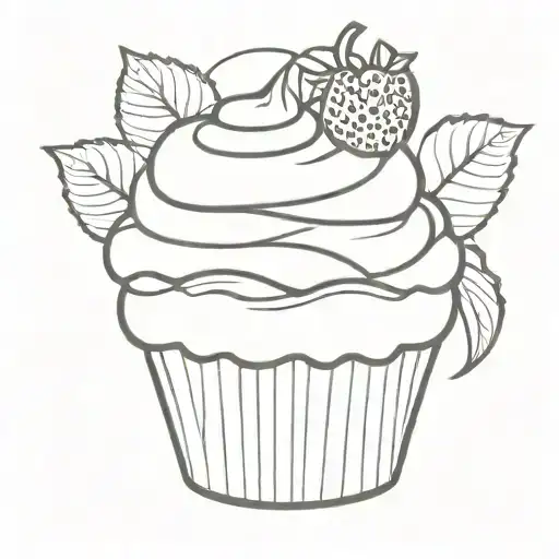 Black and white tattoo of a cute cupcake with a strawberry on top with no shadow and color tattoo design idea
