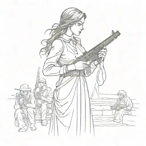 A silhouette of a woman in mourning holding a gun, with friends standing behind her for support tattoo design idea