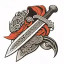 viking sword with til valhalla in runed along the blade. tattoo design idea