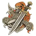 viking sword with til valhalla in runed along the blade. tattoo design idea