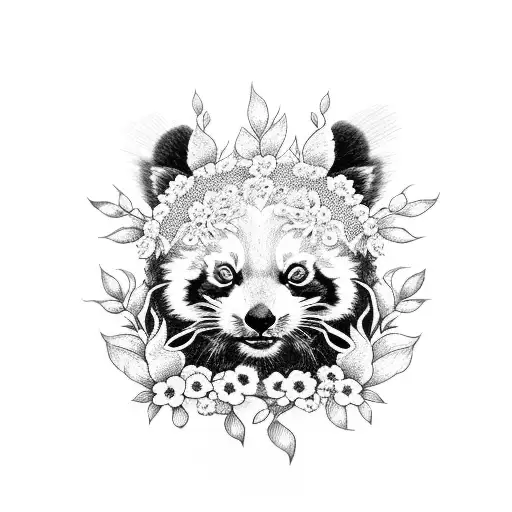 A dotwork tattoo of a red panda surrounded by a floral wreath tattoo design idea