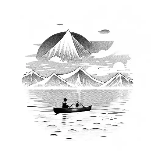 canoe on river mountains in background tattoo design idea
