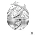 canoe on river mountains in background tattoo design idea