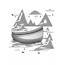 canoe on river mountains in background tattoo design idea
