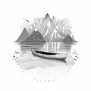canoe on river mountains in background tattoo design idea