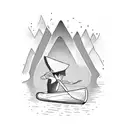 canoe on river mountains in background tattoo design idea