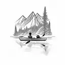 canoe on river mountains in background tattoo design idea
