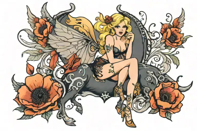 A beautiful blonde fairy in lingerie with wings of poppy flower design sitting on a muscular black bull tattoo design idea