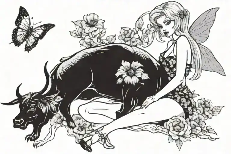 A beautiful blonde fairy in lingerie with wings of poppy flower design sitting on a muscular black bull tattoo design idea