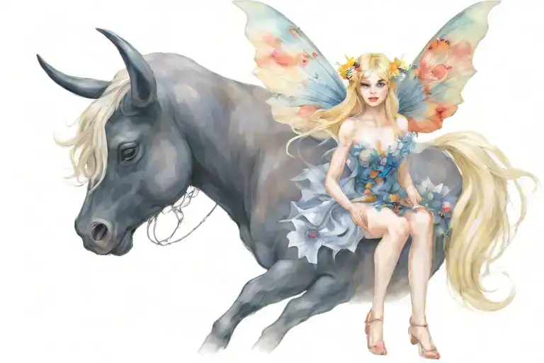 A beautiful blonde fairy in lingerie with wings of poppy flower design sitting on a muscular black bull tattoo design idea